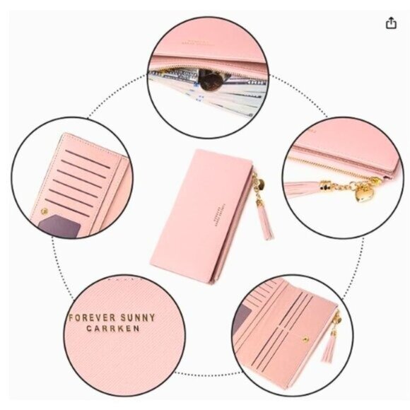 🎀HP X2!🎀NWT Pink Slim Wallet Womens Clutch Style Elegant Tassel Wallet 12 Card - Picture 6 of 8